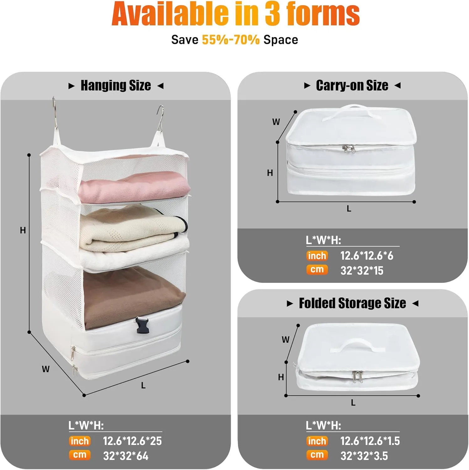 Portable Hanging Travel Shelves Bag, Travel Packing Cube Organizer, Large Capacity Carry-On Closet, Foldable Suitcase Storage with 4 Compartments (White)