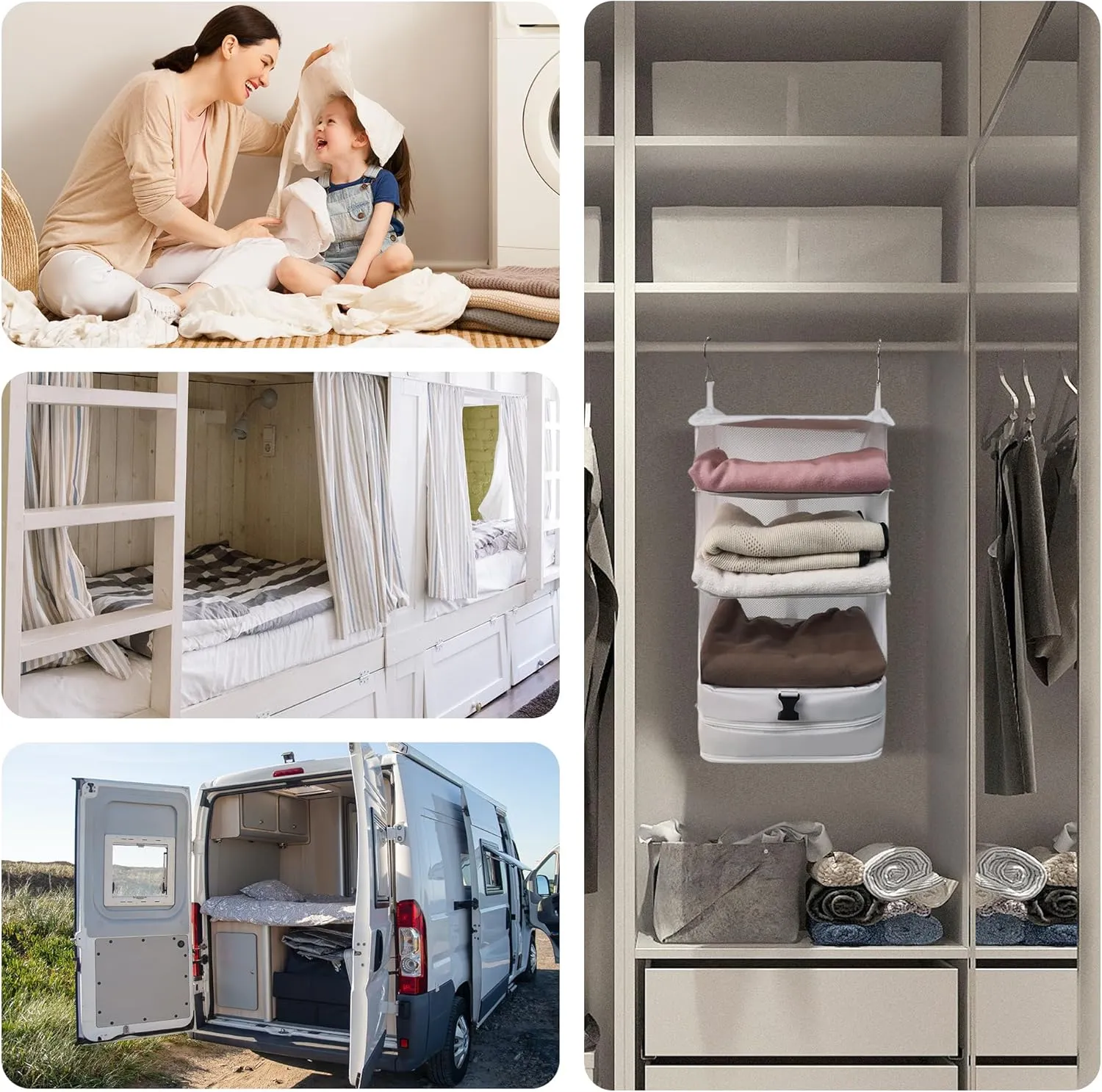 Portable Hanging Travel Shelves Bag, Travel Packing Cube Organizer, Large Capacity Carry-On Closet, Foldable Suitcase Storage with 4 Compartments (White)