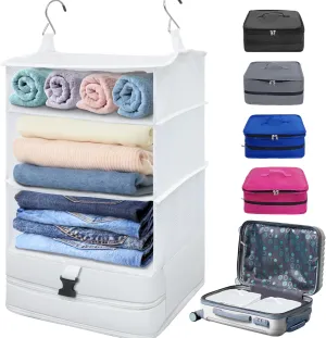 Portable Hanging Travel Shelves Bag, Travel Packing Cube Organizer, Large Capacity Carry-On Closet, Foldable Suitcase Storage with 4 Compartments (White)