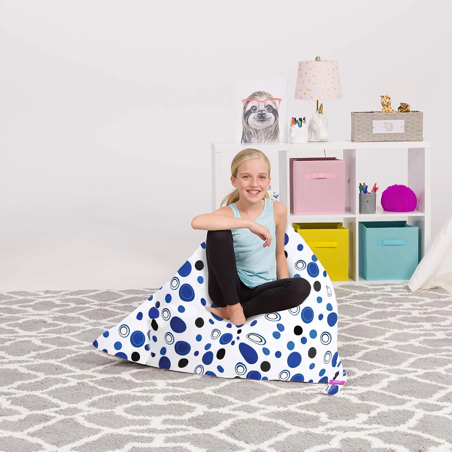 Posh Creations Stuffed Animal Storage Bean Bag Chair Kids, Teens and Adults-Stuffie Seat Cover ONLY, 200L-Large, Canvas Bubbles Blue and White