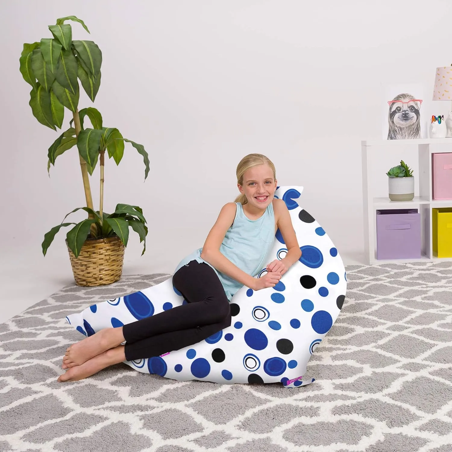 Posh Creations Stuffed Animal Storage Bean Bag Chair Kids, Teens and Adults-Stuffie Seat Cover ONLY, 200L-Large, Canvas Bubbles Blue and White