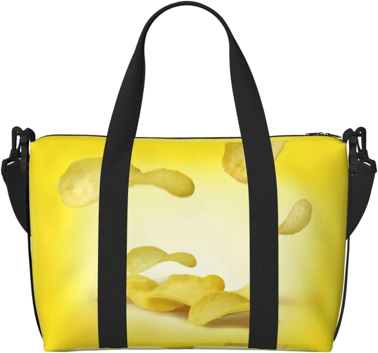 Potato Chips Print Tote Crossbody Travel Bag with Zip Casual Handbag for Weekend Trips and Gym Shopping, Black, One Size, Travel Tote
