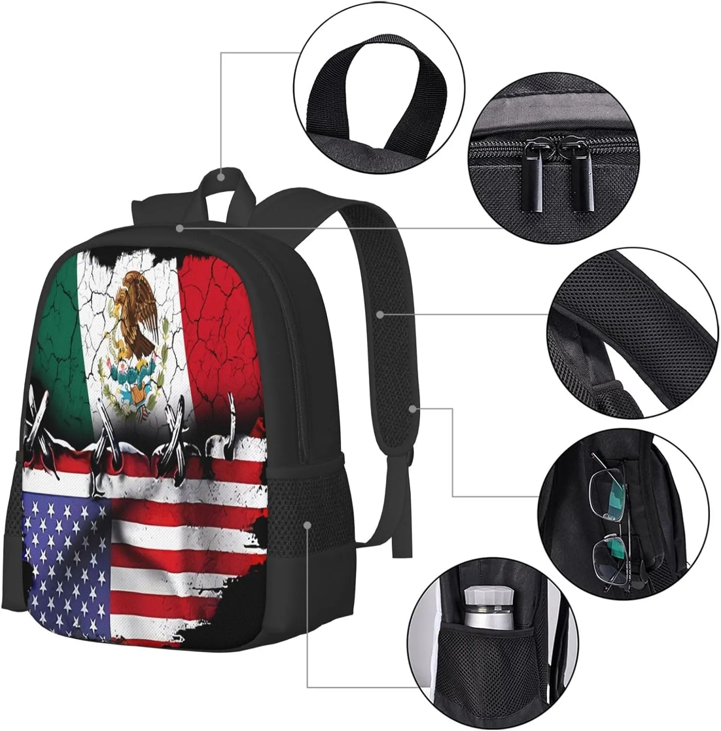 Pride Mexican American Flag Casual Backpacks Large Capacity Backpack Laptop Rucksack Sport Daypack Commuter Bags with Adjustable Strap for Traveling Camping