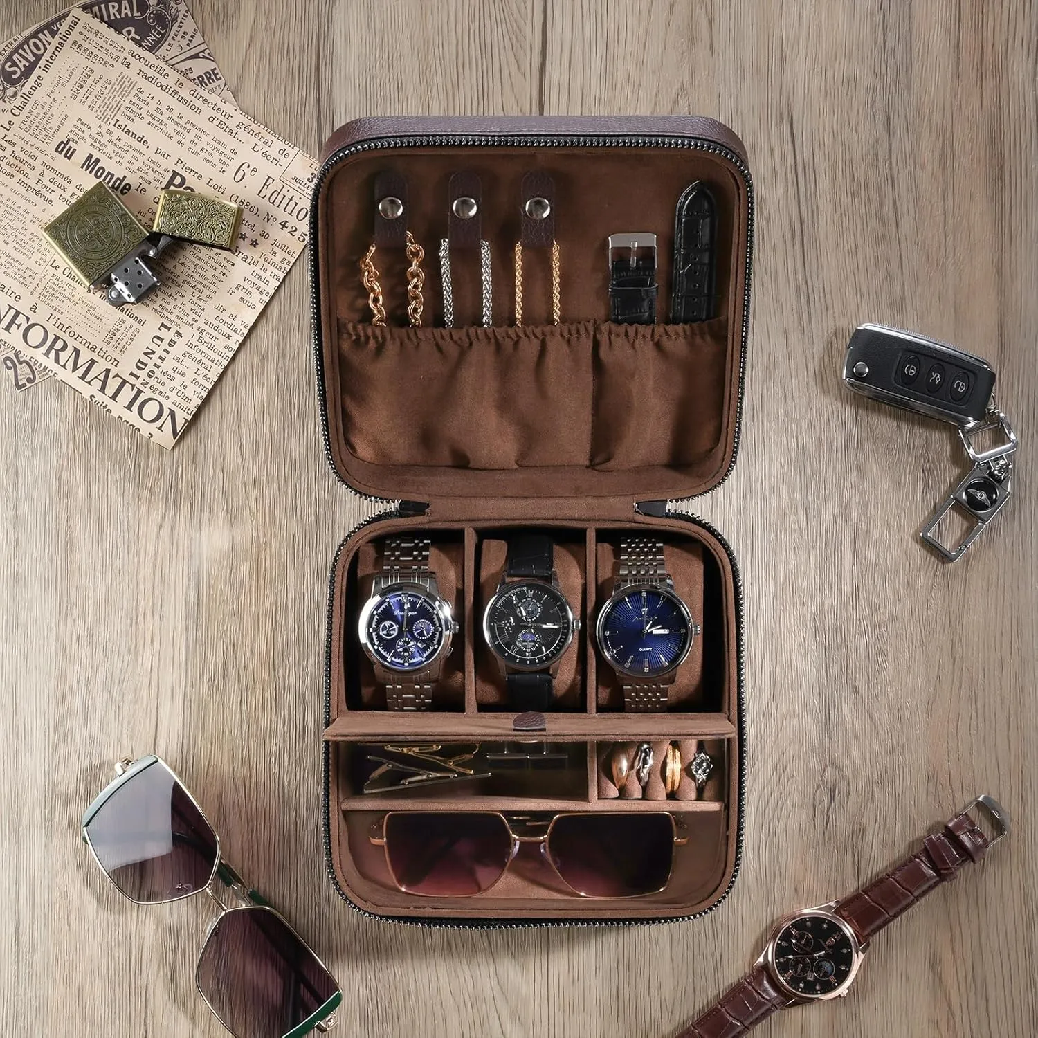 ProCase Father's Day Gift Travel Watch Case, 3 Slots PU Leather Mens Jewelry Box, Portable Watches Cufflinks Accessories Storage Case, Zippered Carrying Organizer Bag for Man -Brown