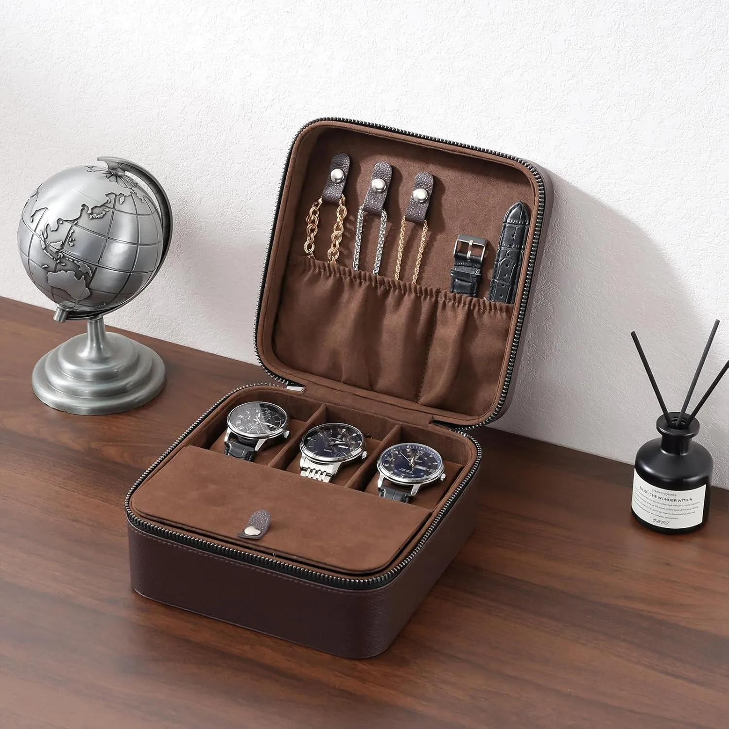 ProCase Father's Day Gift Travel Watch Case, 3 Slots PU Leather Mens Jewelry Box, Portable Watches Cufflinks Accessories Storage Case, Zippered Carrying Organizer Bag for Man -Brown