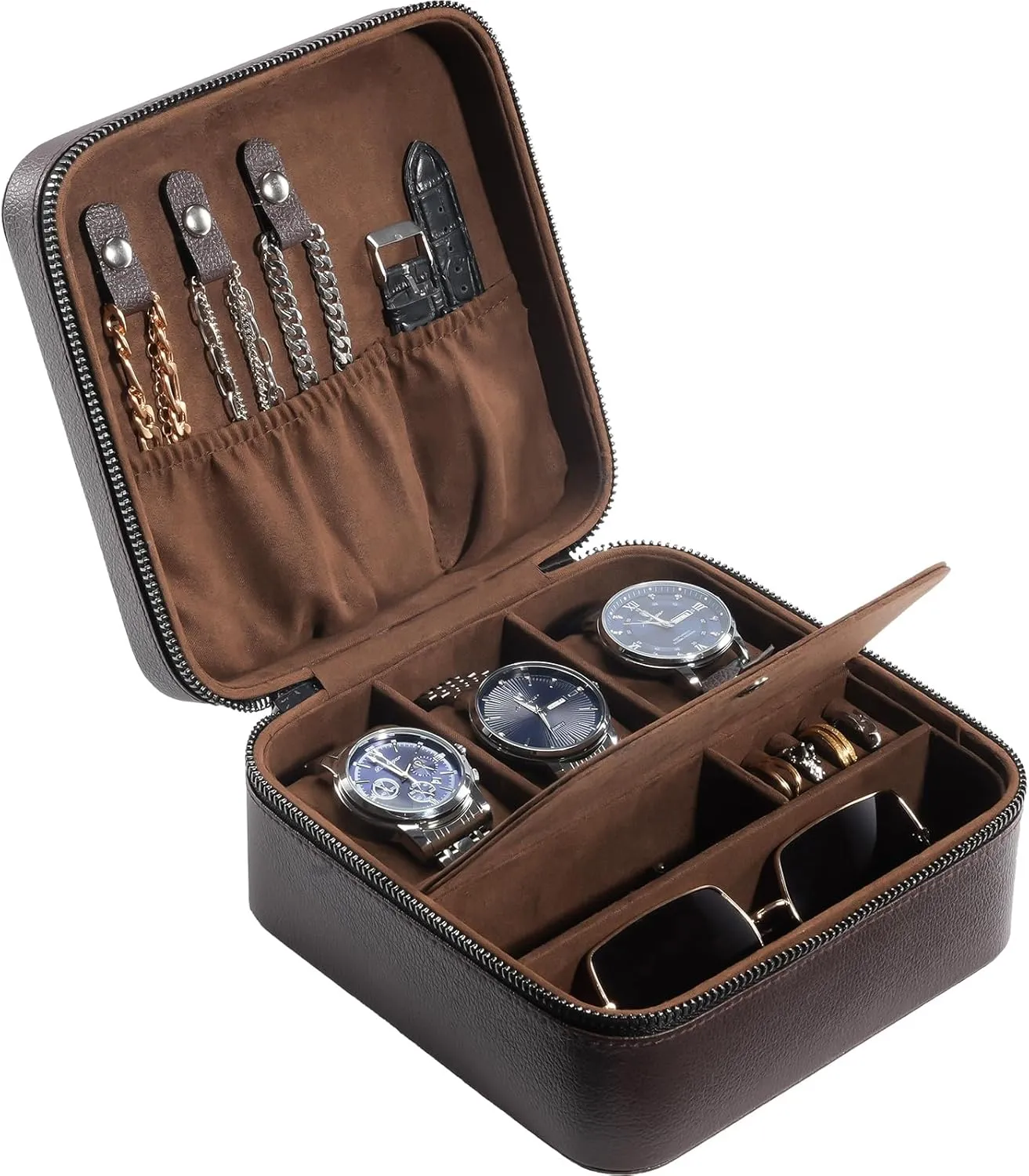 ProCase Father's Day Gift Travel Watch Case, 3 Slots PU Leather Mens Jewelry Box, Portable Watches Cufflinks Accessories Storage Case, Zippered Carrying Organizer Bag for Man -Brown