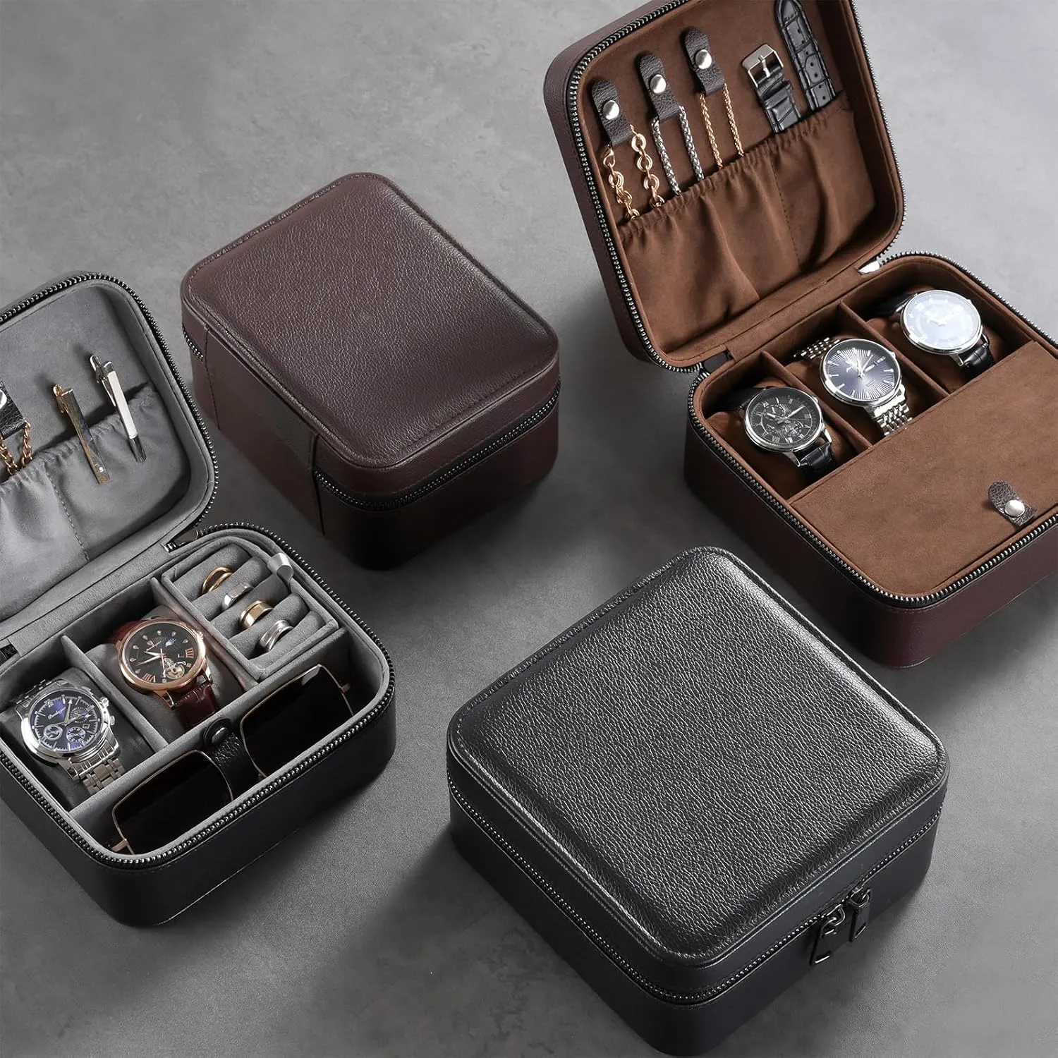 ProCase Father's Day Gift Travel Watch Case, 3 Slots PU Leather Mens Jewelry Box, Portable Watches Cufflinks Accessories Storage Case, Zippered Carrying Organizer Bag for Man -Brown