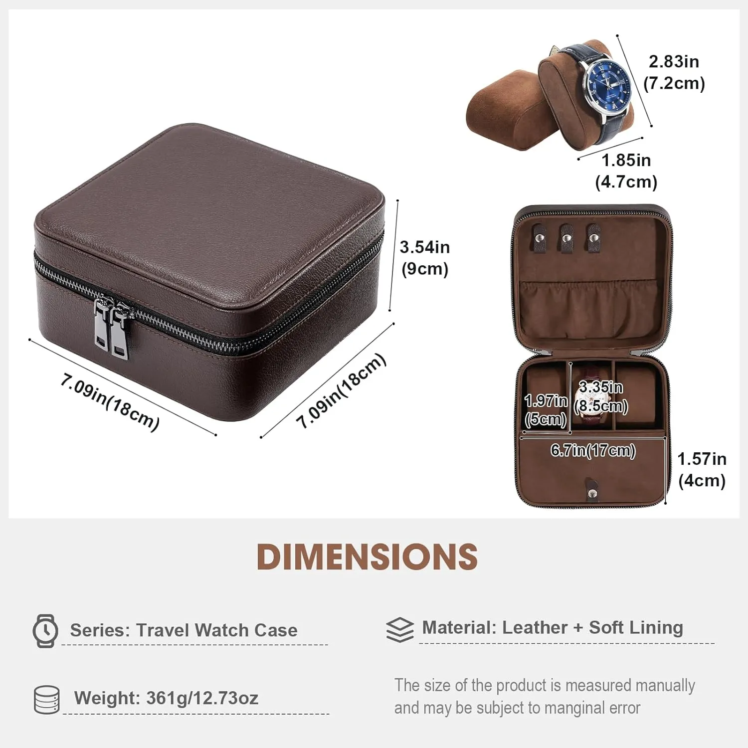 ProCase Father's Day Gift Travel Watch Case, 3 Slots PU Leather Mens Jewelry Box, Portable Watches Cufflinks Accessories Storage Case, Zippered Carrying Organizer Bag for Man -Brown