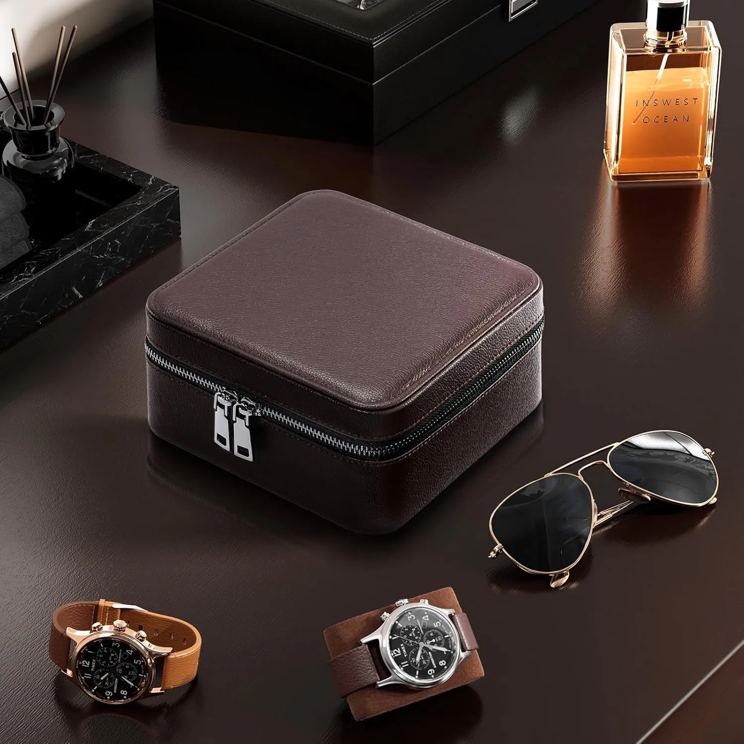 ProCase Father's Day Gift Travel Watch Case, 3 Slots PU Leather Mens Jewelry Box, Portable Watches Cufflinks Accessories Storage Case, Zippered Carrying Organizer Bag for Man -Brown