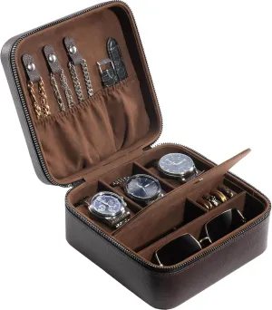ProCase Father's Day Gift Travel Watch Case, 3 Slots PU Leather Mens Jewelry Box, Portable Watches Cufflinks Accessories Storage Case, Zippered Carrying Organizer Bag for Man -Brown