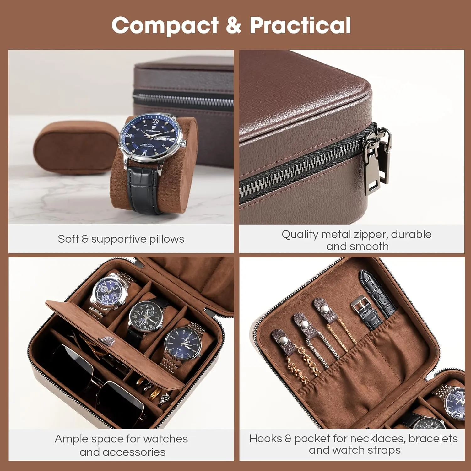 ProCase Father's Day Gift Travel Watch Case, 3 Slots PU Leather Mens Jewelry Box, Portable Watches Cufflinks Accessories Storage Case, Zippered Carrying Organizer Bag for Man -Brown