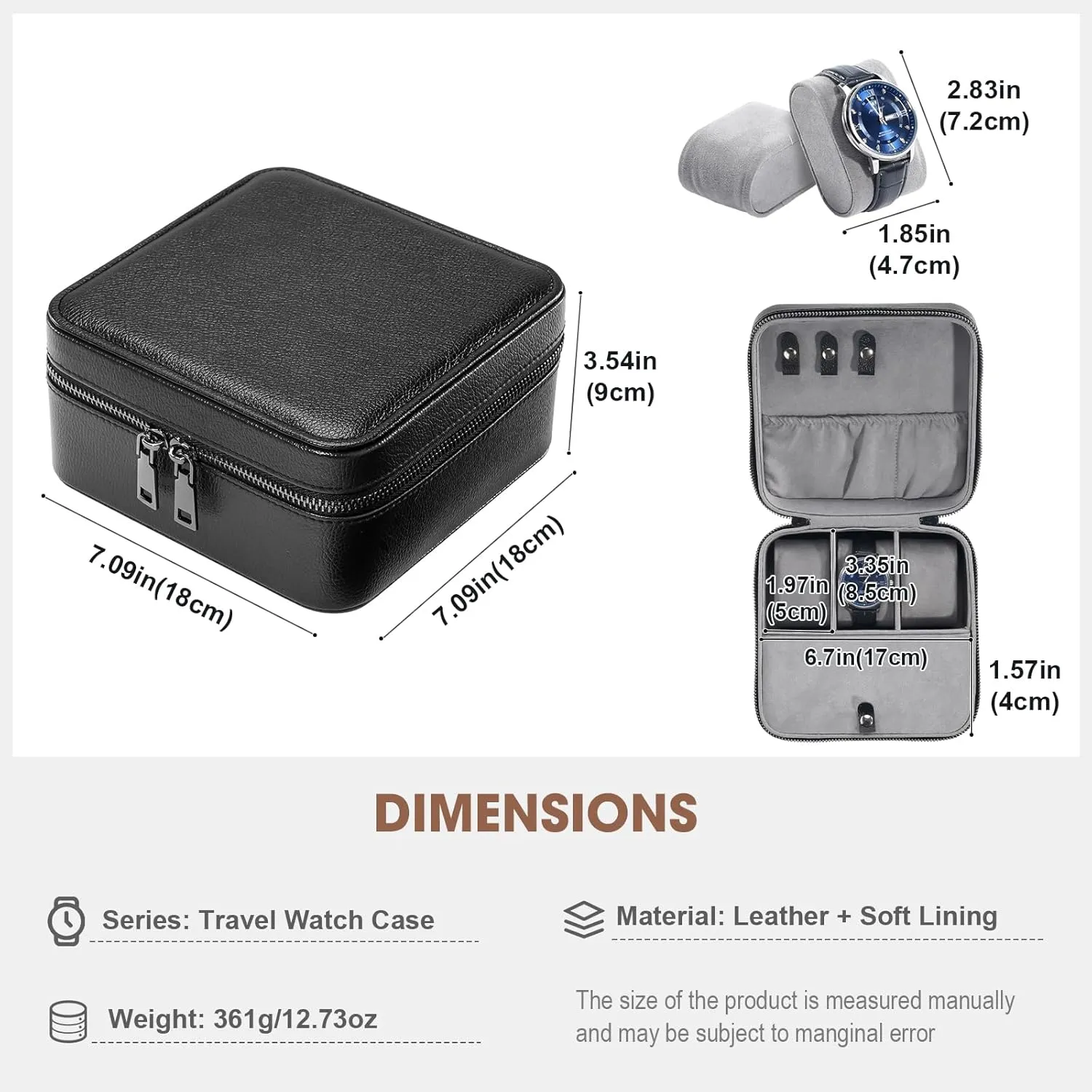 ProCase Father's Day Travel Watch Case, 3 Slots PU Leather Mens Jewelry Box, Portable Watches Cufflinks Accessories Storage Case, Zippered Carrying Organizer Bag for Man -Black