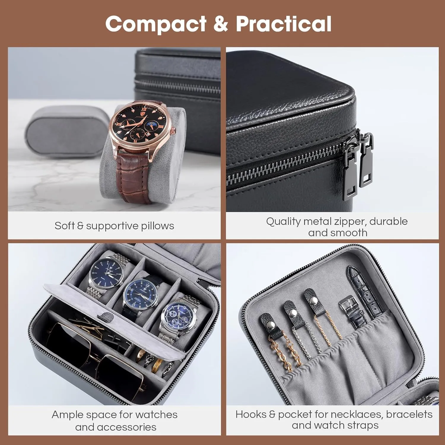 ProCase Father's Day Travel Watch Case, 3 Slots PU Leather Mens Jewelry Box, Portable Watches Cufflinks Accessories Storage Case, Zippered Carrying Organizer Bag for Man -Black
