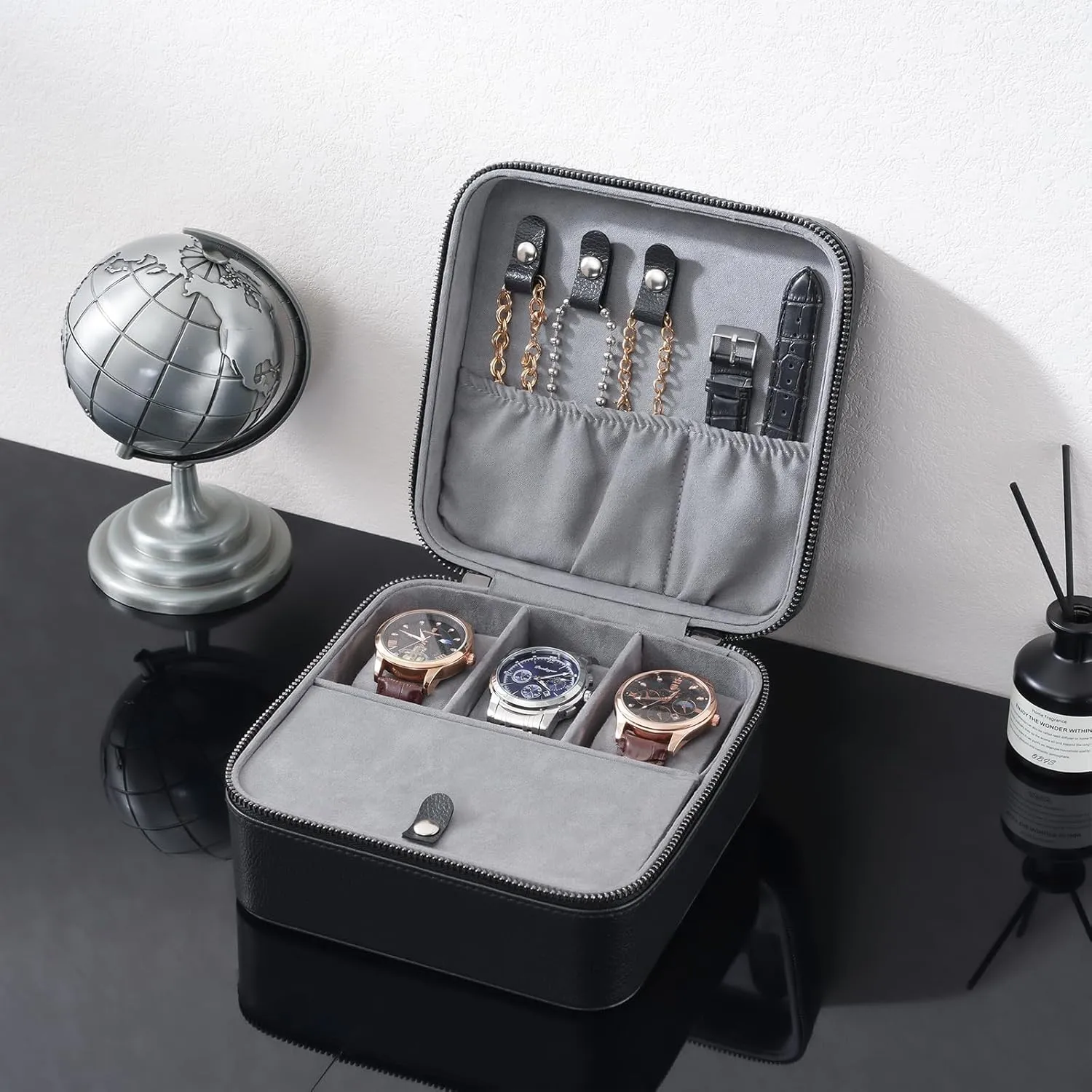 ProCase Father's Day Travel Watch Case, 3 Slots PU Leather Mens Jewelry Box, Portable Watches Cufflinks Accessories Storage Case, Zippered Carrying Organizer Bag for Man -Black