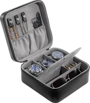 ProCase Father's Day Travel Watch Case, 3 Slots PU Leather Mens Jewelry Box, Portable Watches Cufflinks Accessories Storage Case, Zippered Carrying Organizer Bag for Man -Black