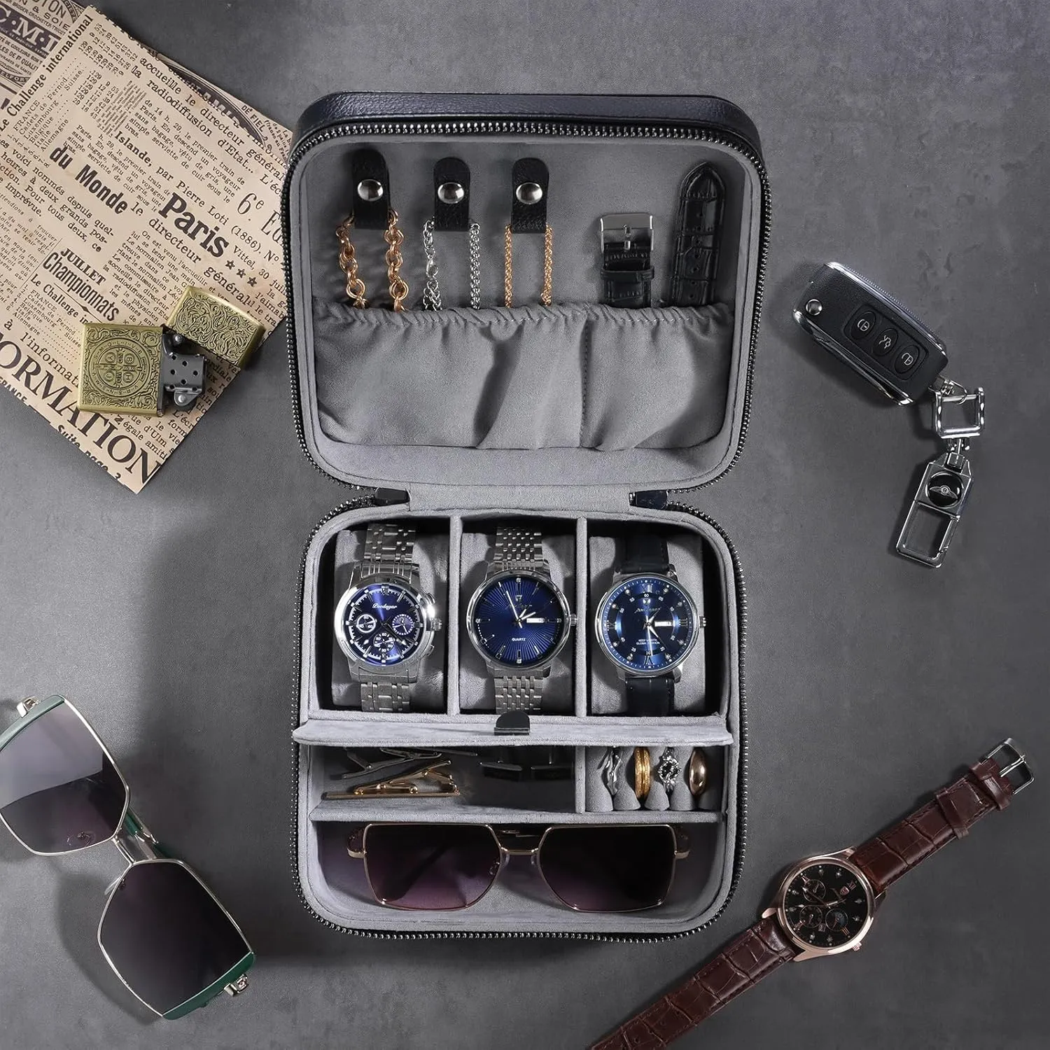 ProCase Father's Day Travel Watch Case, 3 Slots PU Leather Mens Jewelry Box, Portable Watches Cufflinks Accessories Storage Case, Zippered Carrying Organizer Bag for Man -Black