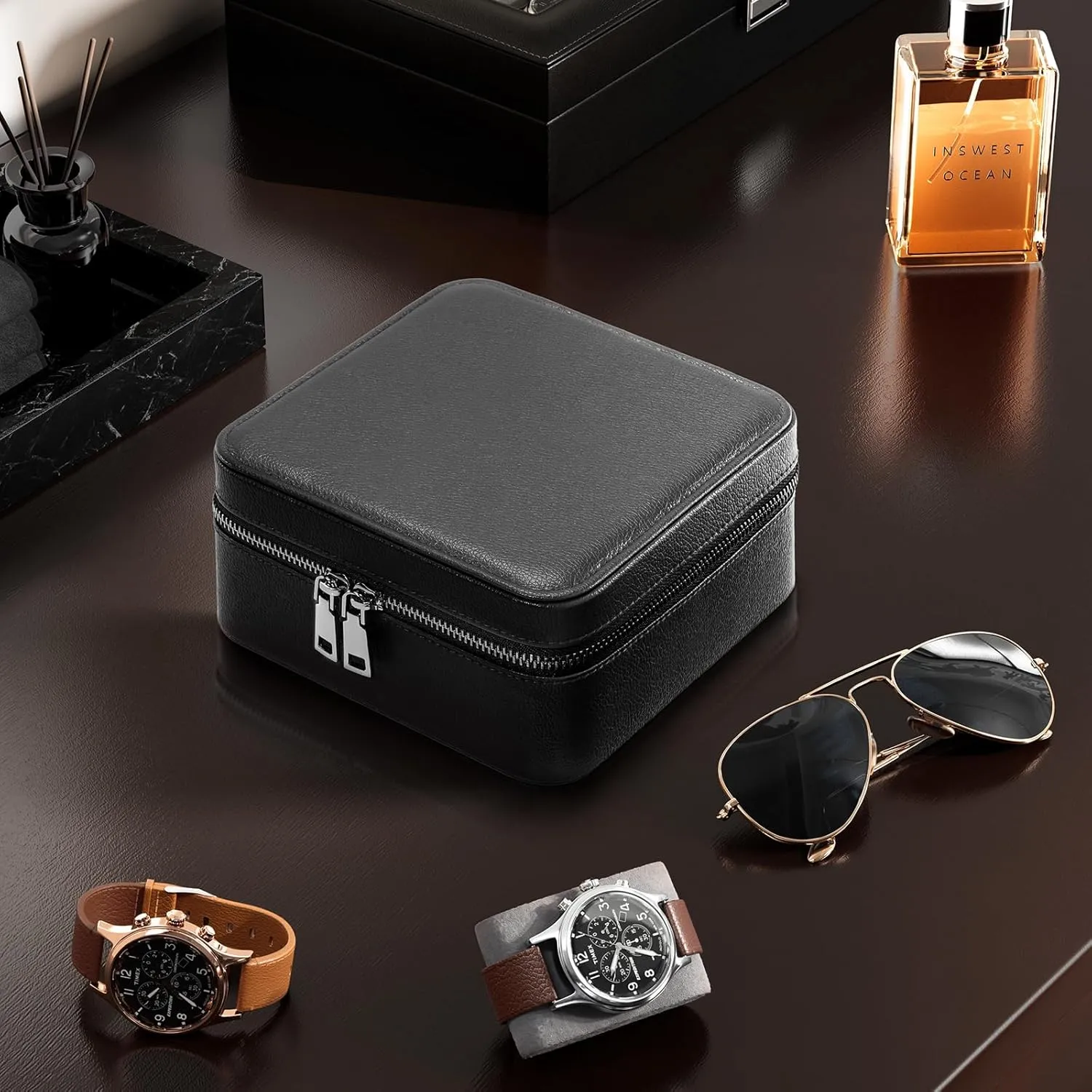 ProCase Father's Day Travel Watch Case, 3 Slots PU Leather Mens Jewelry Box, Portable Watches Cufflinks Accessories Storage Case, Zippered Carrying Organizer Bag for Man -Black