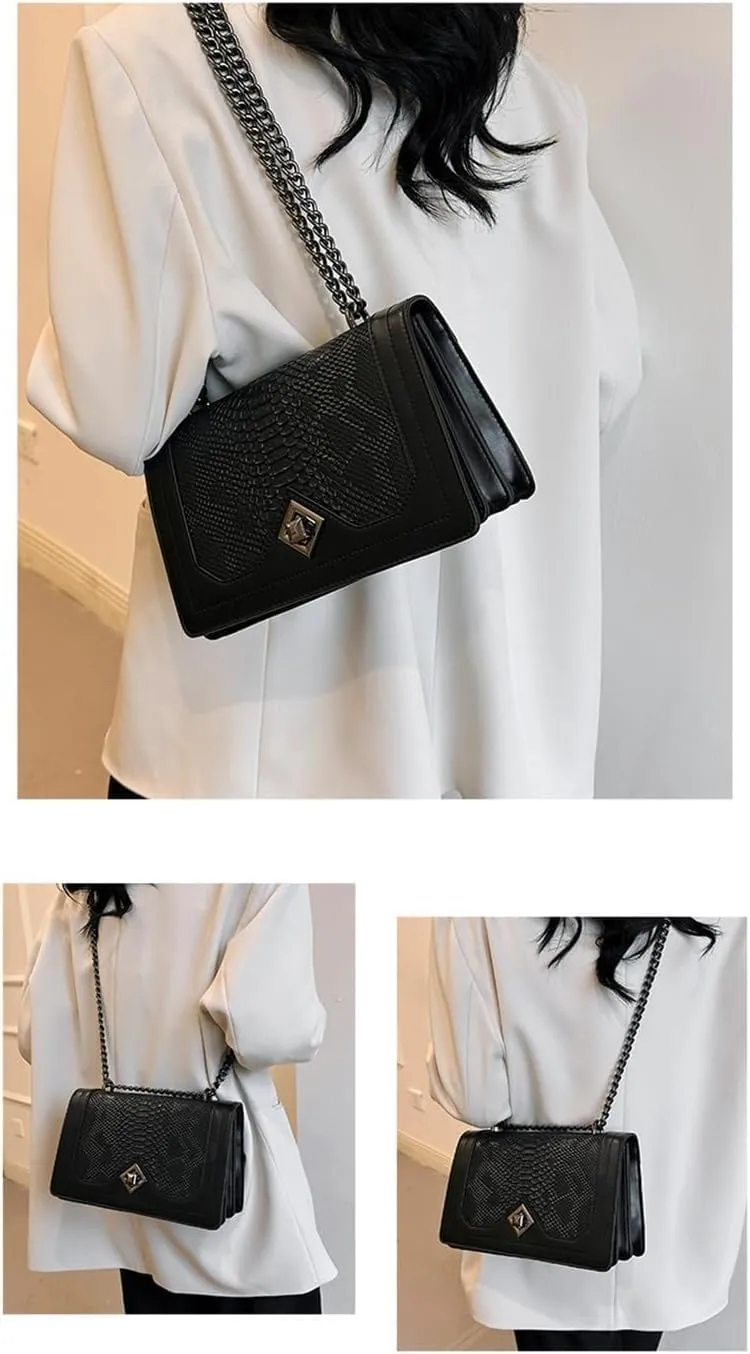 PU Leather Snakeskin Print Crossbody Chain Shoulder Bag, Fashion-Retro Women's Bag, Shoulder Bag (Black)