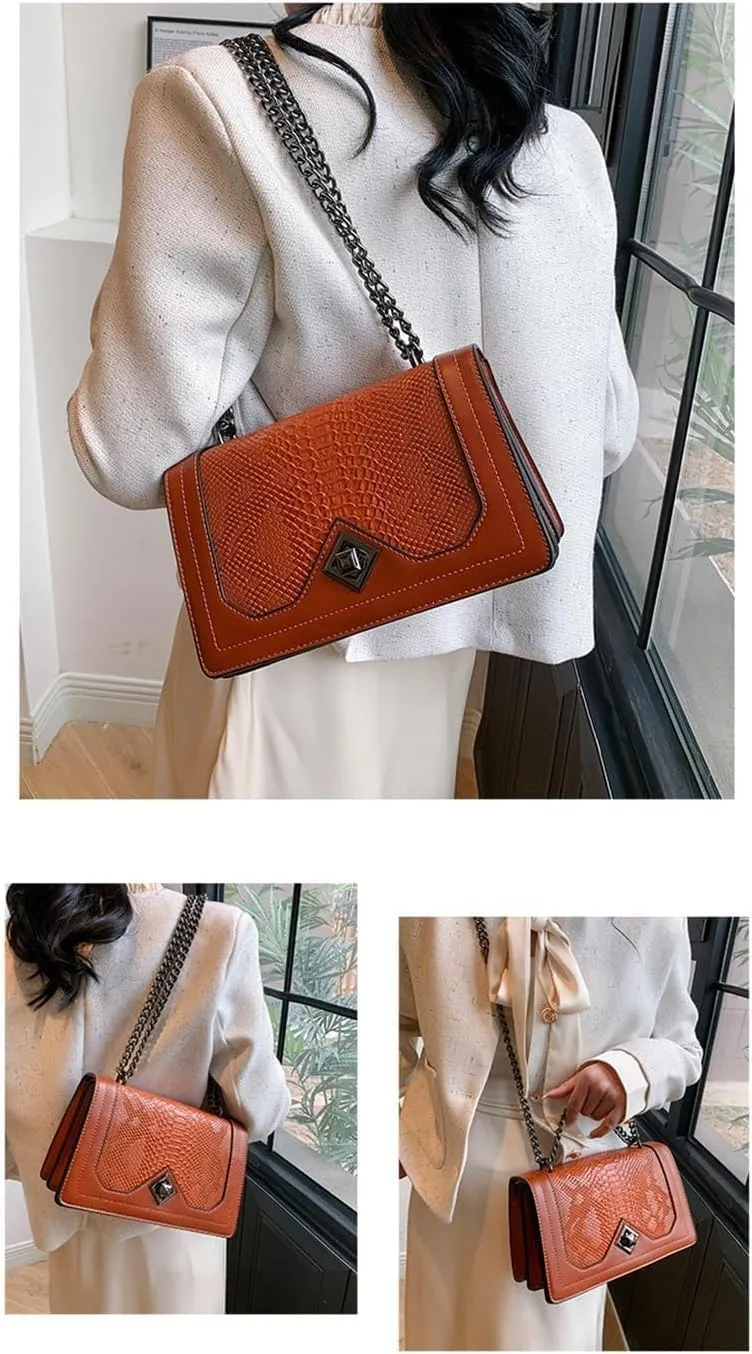 PU Leather Snakeskin Print Crossbody Chain Shoulder Bag, Fashion-Retro Women's Bag, Shoulder Bag (Brown)