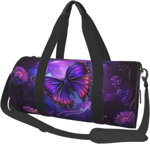 Purple Butterfly Printed Sports Gym Bag for Men Women Foldable Duffel Bag Carry On Weekender Bag for Travel Sports