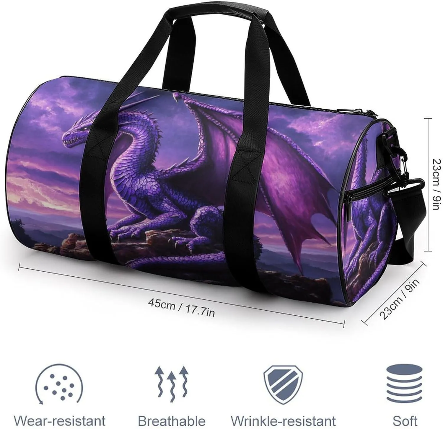 Purple Standing Dragon Travel Gym Bag for Women Men Cylindrical Duffle Bag Sport Workout Bag with Shoulder Strap