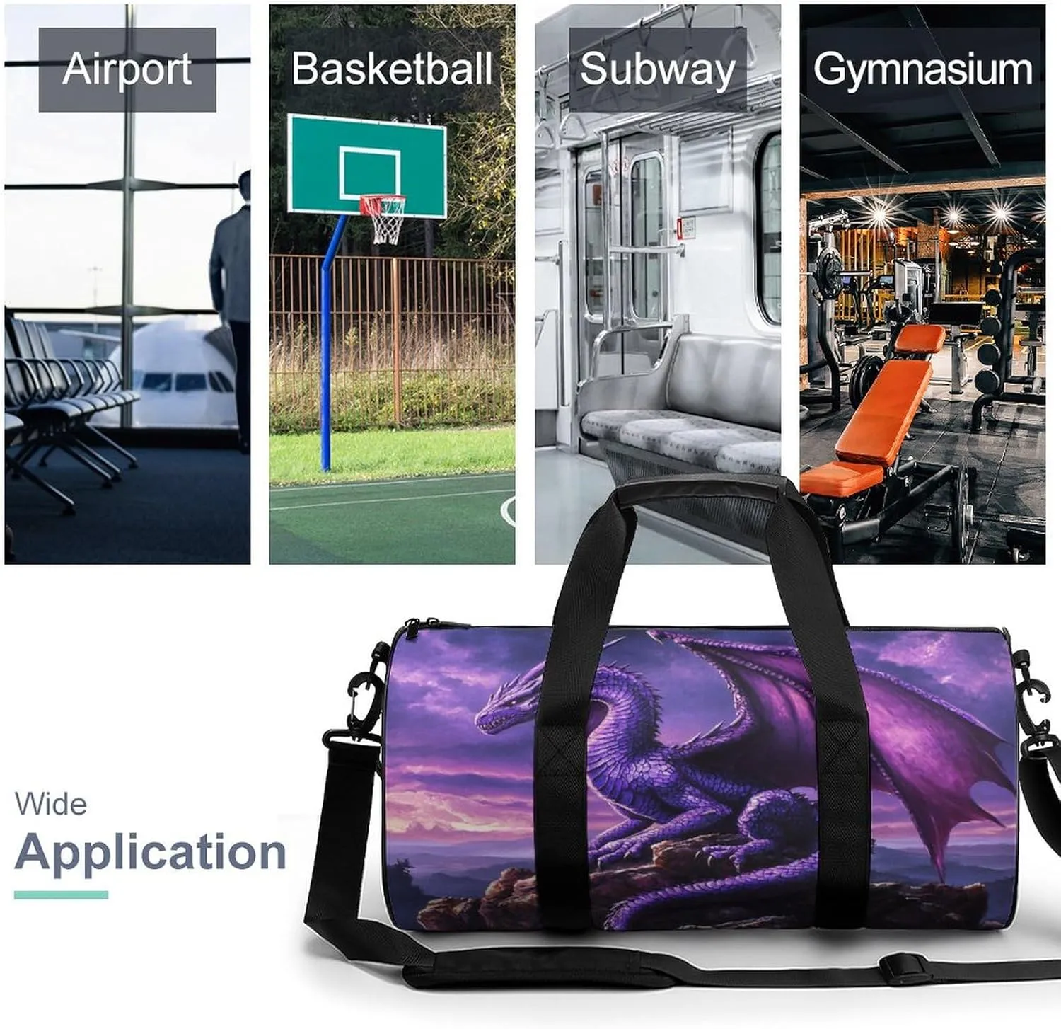 Purple Standing Dragon Travel Gym Bag for Women Men Cylindrical Duffle Bag Sport Workout Bag with Shoulder Strap