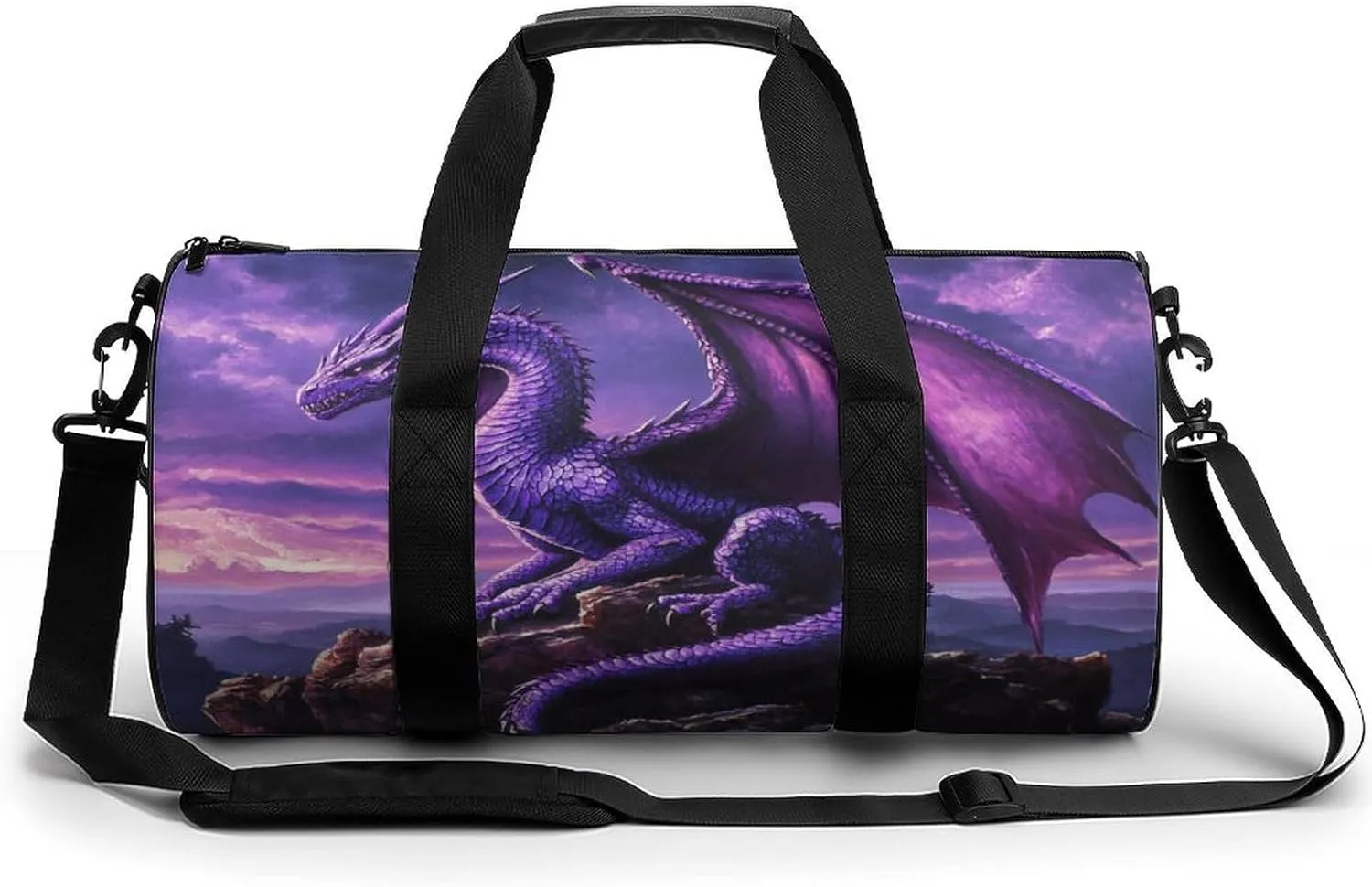 Purple Standing Dragon Travel Gym Bag for Women Men Cylindrical Duffle Bag Sport Workout Bag with Shoulder Strap