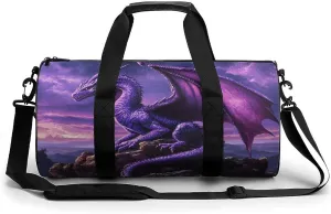 Purple Standing Dragon Travel Gym Bag for Women Men Cylindrical Duffle Bag Sport Workout Bag with Shoulder Strap