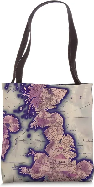 Purple Vintage Floral Topography Map of the British Isles Tote Bag