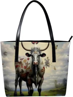 Purses for Women,Tote Bag Aesthetic,Women's Tote Handbags,Colorful Butterfly Cow Illustration