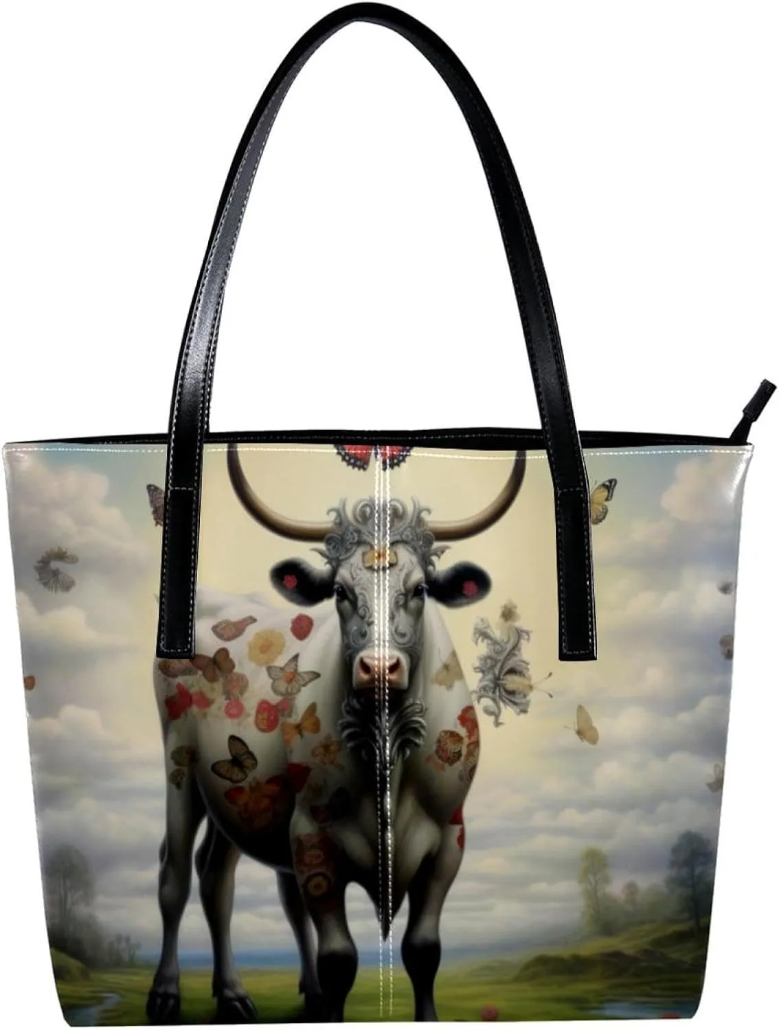 Purses for Women,Tote Bag Aesthetic,Women's Tote Handbags,Colorful Butterfly Cow Illustration