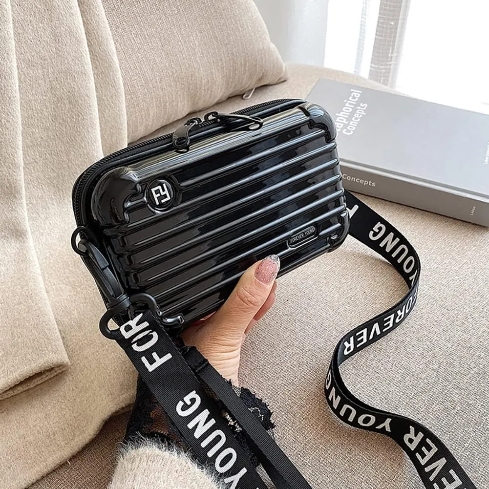 PVC Hard Shell Travel Multi-Function Luggage,Women's Portable Toiletry And Makeup Bag, Alphabet Strap Storage Crossbody Bag (Black)