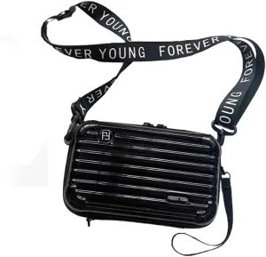 PVC Hard Shell Travel Multi-Function Luggage,Women's Portable Toiletry And Makeup Bag, Alphabet Strap Storage Crossbody Bag (Black)
