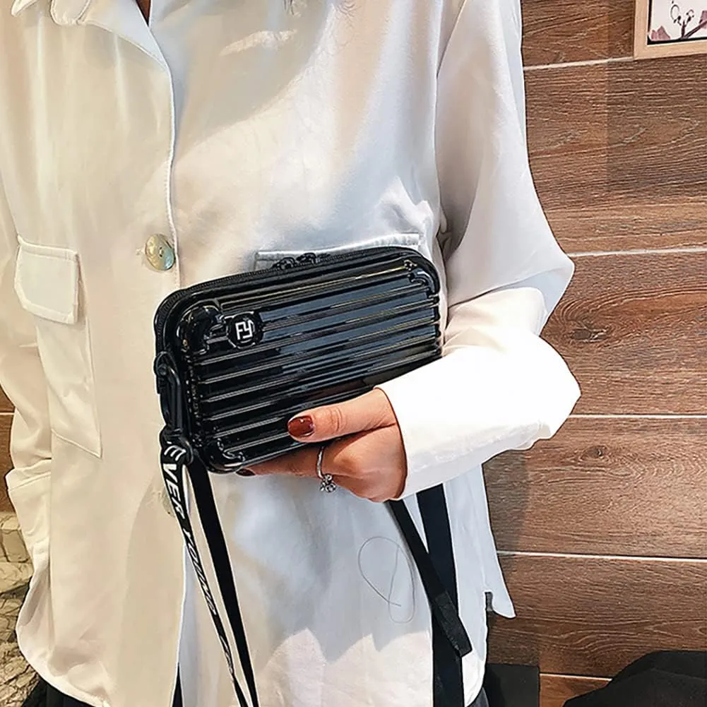 PVC Hard Shell Travel Multi-Function Luggage,Women's Portable Toiletry And Makeup Bag, Alphabet Strap Storage Crossbody Bag (Black)