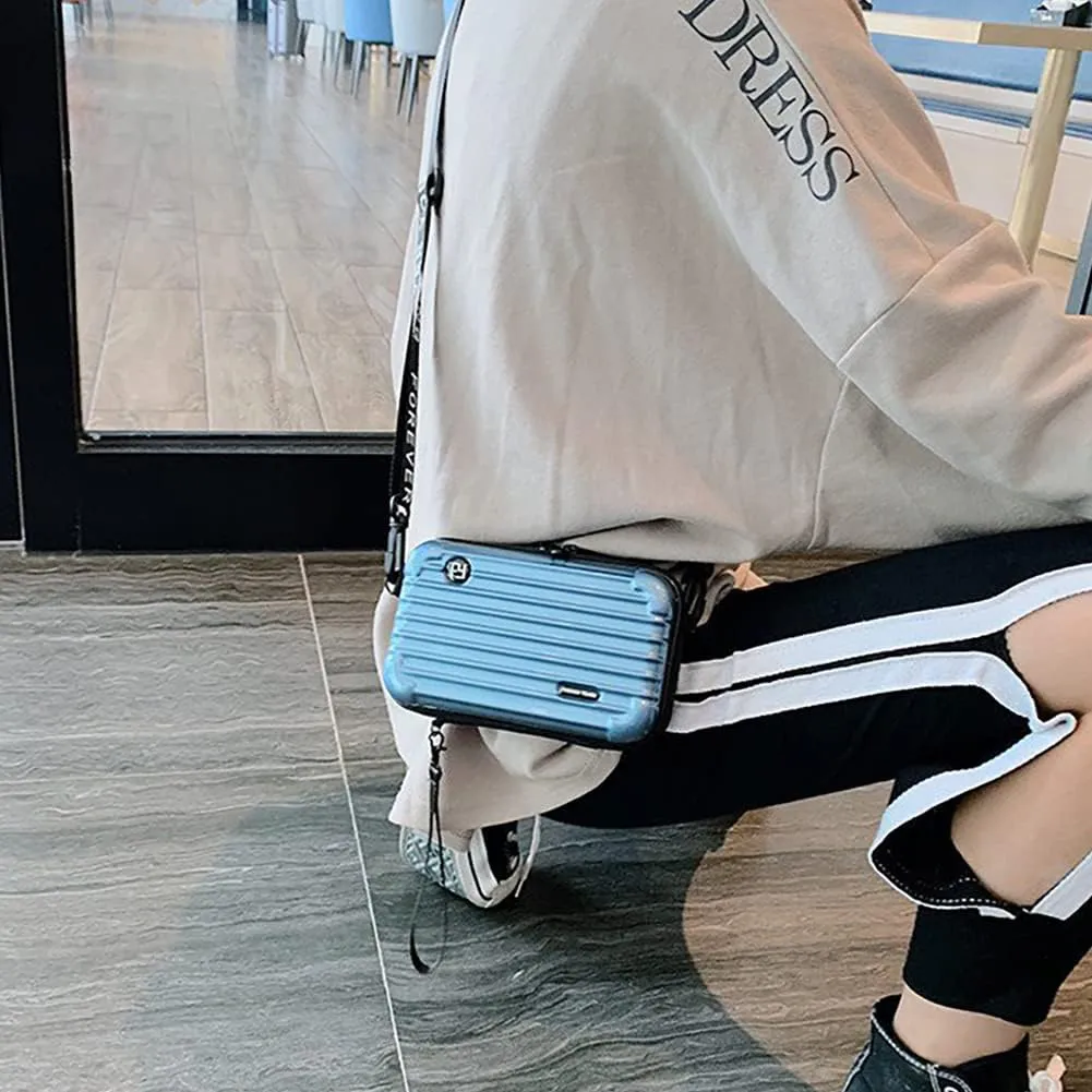 PVC Hard Shell Travel Multi-Function Luggage,Women's Portable Toiletry And Makeup Bag, Alphabet Strap Storage Crossbody Bag (Light Blue)