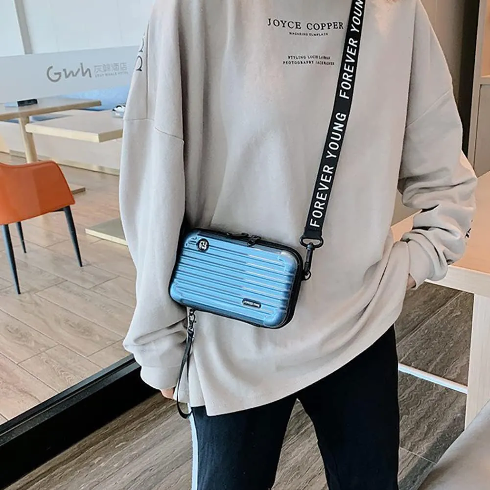 PVC Hard Shell Travel Multi-Function Luggage,Women's Portable Toiletry And Makeup Bag, Alphabet Strap Storage Crossbody Bag (Light Blue)