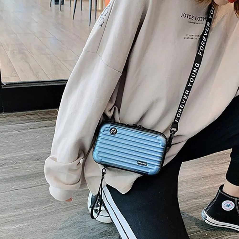 PVC Hard Shell Travel Multi-Function Luggage,Women's Portable Toiletry And Makeup Bag, Alphabet Strap Storage Crossbody Bag (Light Blue)