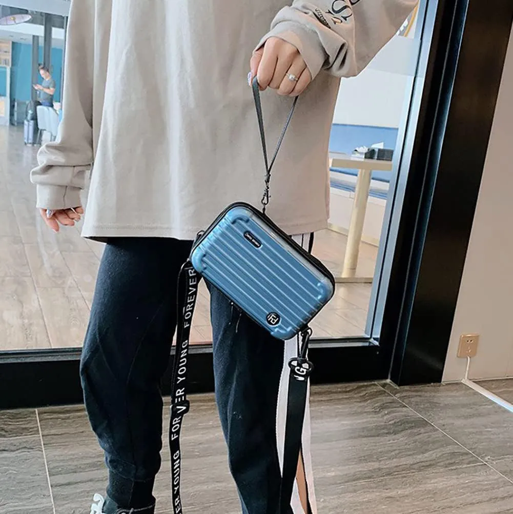 PVC Hard Shell Travel Multi-Function Luggage,Women's Portable Toiletry And Makeup Bag, Alphabet Strap Storage Crossbody Bag (Light Blue)