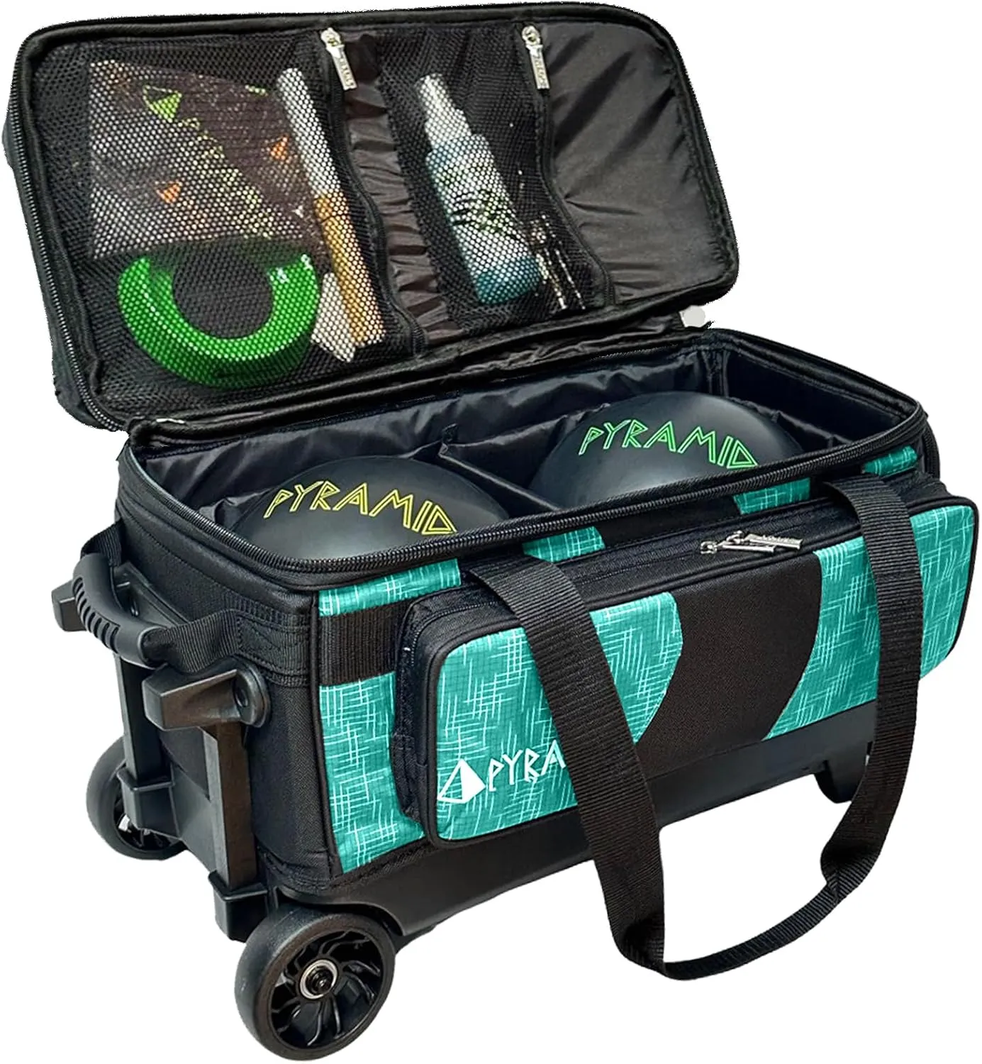 Pyramid Deluxe Double Roller 2 Ball Bowling Bag with Large Separate Shoe Compartment (Up To 2 Pairs Of Shoes) and Accessory Pockets, Sturdy Square Handle - Extends to 40" - Pro Options Available