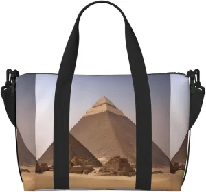 Pyramids of Egypt Print Tote Crossbody Travel Bag with Zip Casual Handbag for Weekend Trips and Gym Shopping, Black, One Size, Travel Tote
