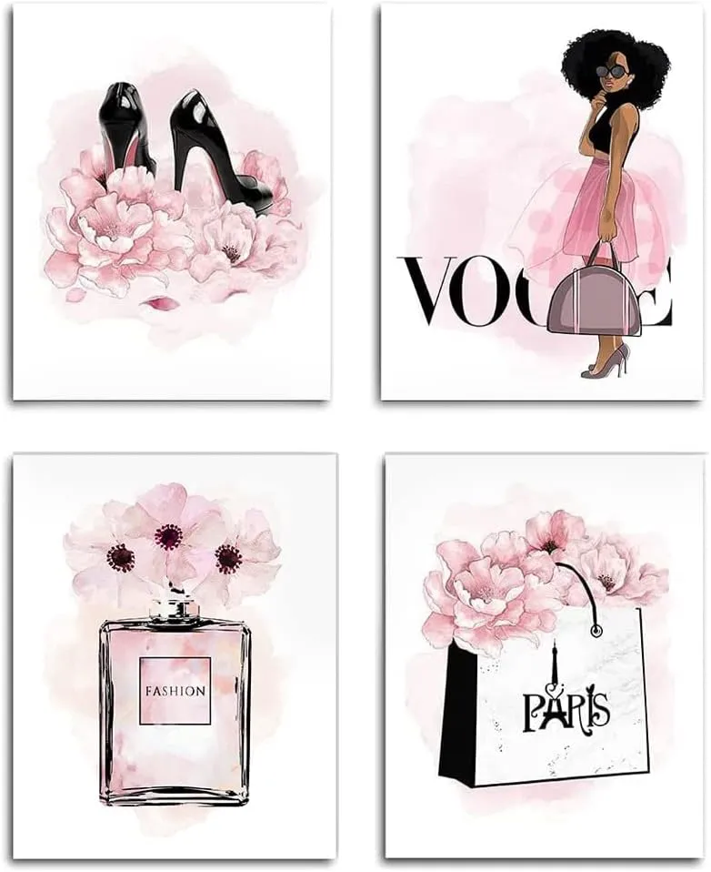 QOQIOSOC African American Wall Art Black Girl Pink Flowers Canvas, Girls Bedroom Wall Decor, Perfume Handbags High Heels Prints Wall Pictures Paintings for Women Room Decor, Set of 4. 8x10in UNFRAMED