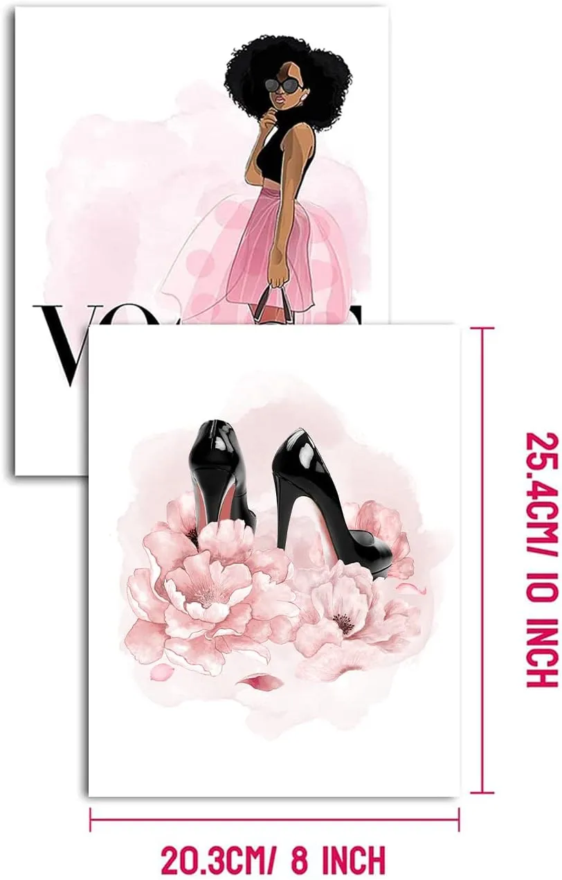 QOQIOSOC African American Wall Art Black Girl Pink Flowers Canvas, Girls Bedroom Wall Decor, Perfume Handbags High Heels Prints Wall Pictures Paintings for Women Room Decor, Set of 4. 8x10in UNFRAMED