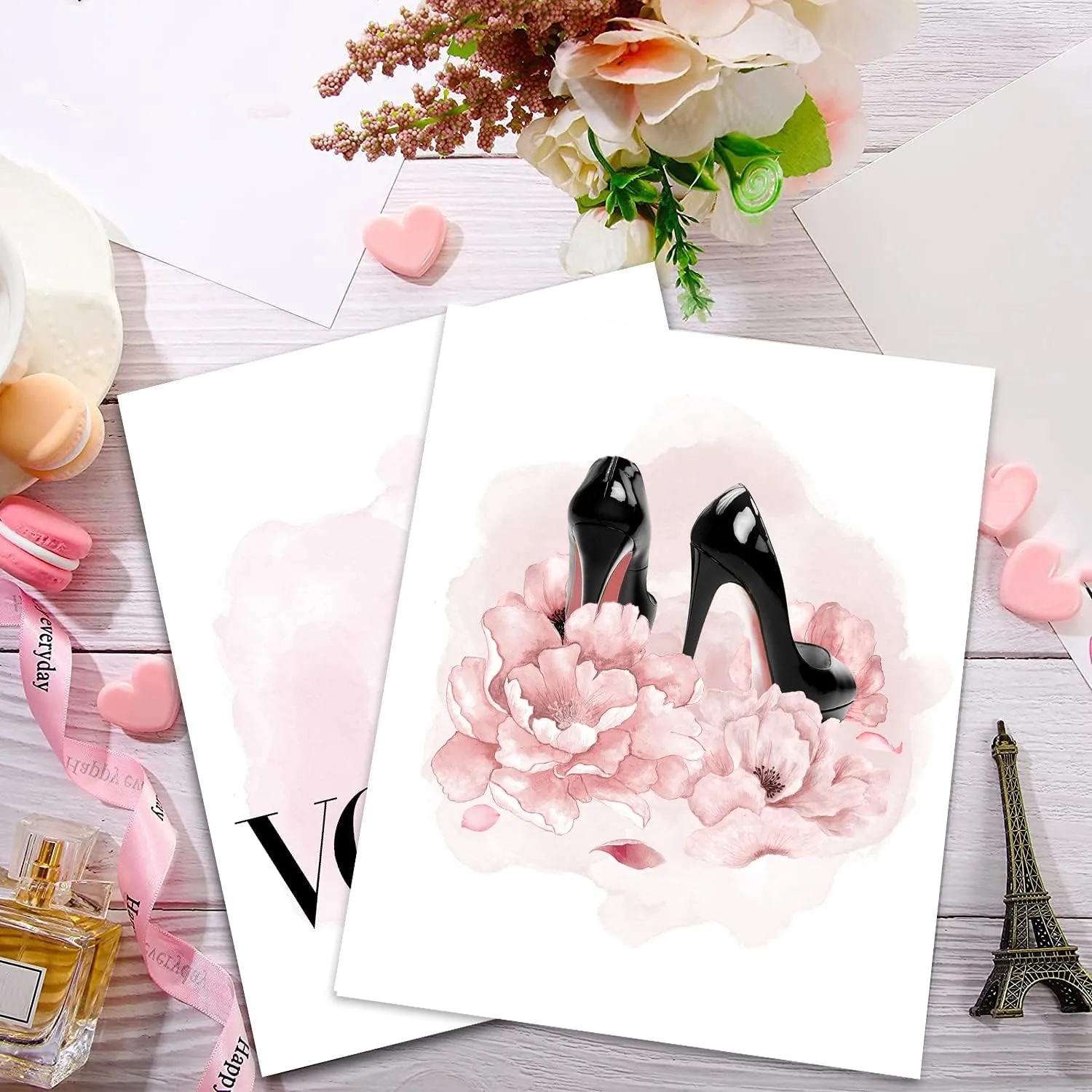 QOQIOSOC African American Wall Art Black Girl Pink Flowers Canvas, Girls Bedroom Wall Decor, Perfume Handbags High Heels Prints Wall Pictures Paintings for Women Room Decor, Set of 4. 8x10in UNFRAMED