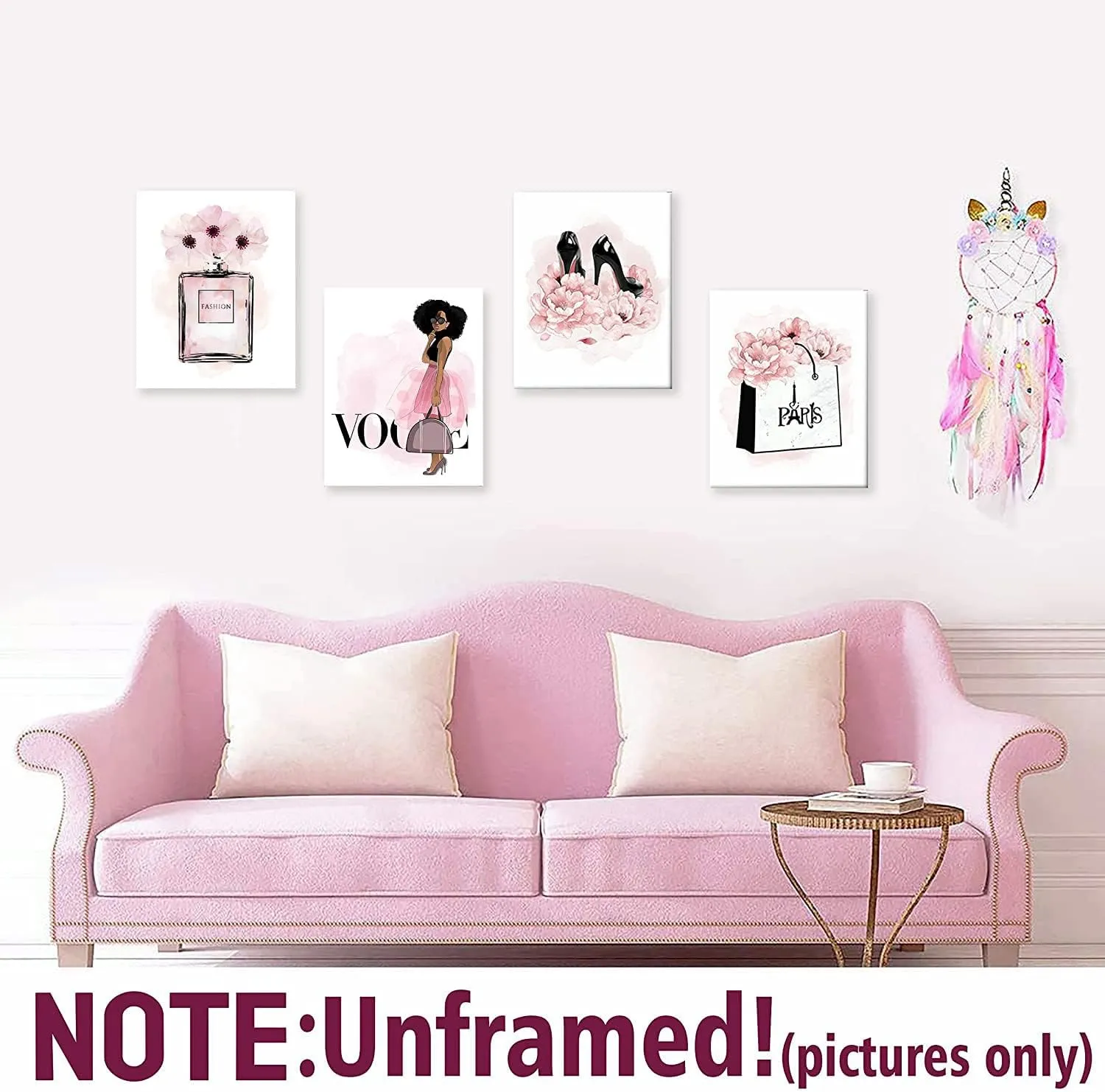 QOQIOSOC African American Wall Art Black Girl Pink Flowers Canvas, Girls Bedroom Wall Decor, Perfume Handbags High Heels Prints Wall Pictures Paintings for Women Room Decor, Set of 4. 8x10in UNFRAMED
