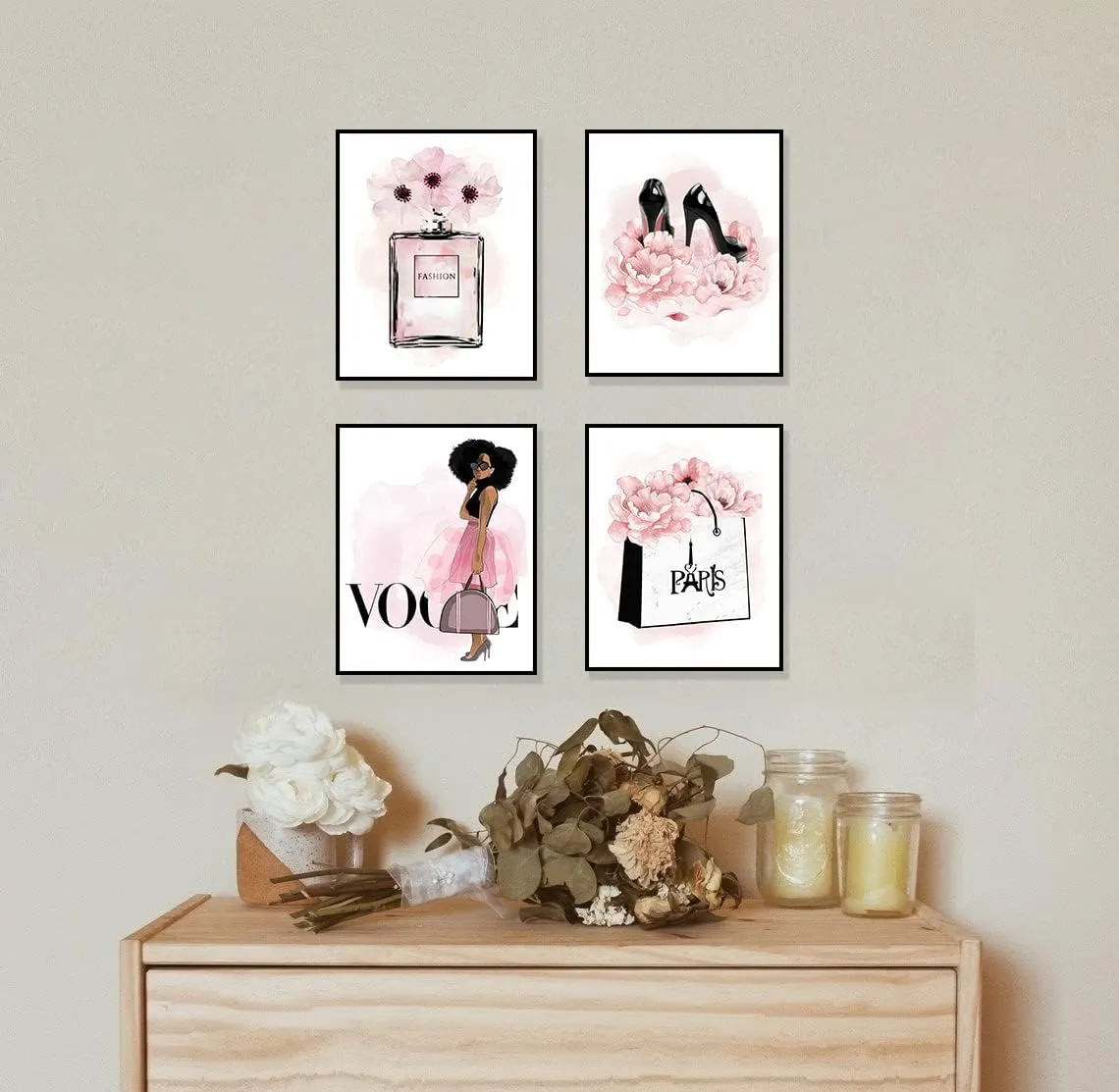 QOQIOSOC African American Wall Art Black Girl Pink Flowers Canvas, Girls Bedroom Wall Decor, Perfume Handbags High Heels Prints Wall Pictures Paintings for Women Room Decor, Set of 4. 8x10in UNFRAMED
