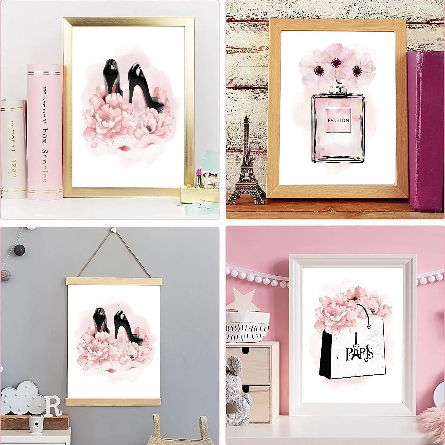 QOQIOSOC African American Wall Art Black Girl Pink Flowers Canvas, Girls Bedroom Wall Decor, Perfume Handbags High Heels Prints Wall Pictures Paintings for Women Room Decor, Set of 4. 8x10in UNFRAMED