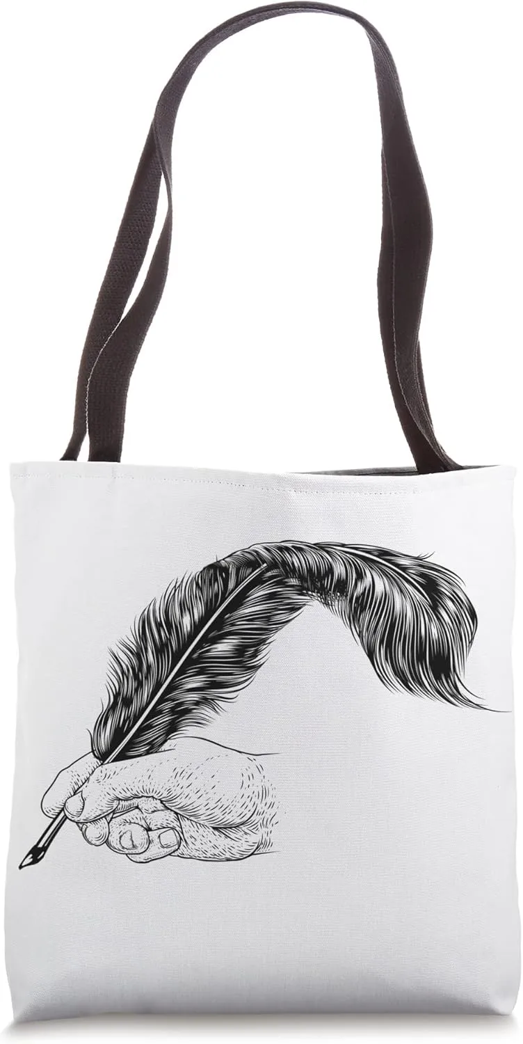 Quill Feather Ink Pen Hand Vintage Woodcut Print Tote Bag