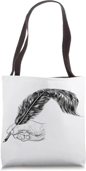 Quill Feather Ink Pen Hand Vintage Woodcut Print Tote Bag