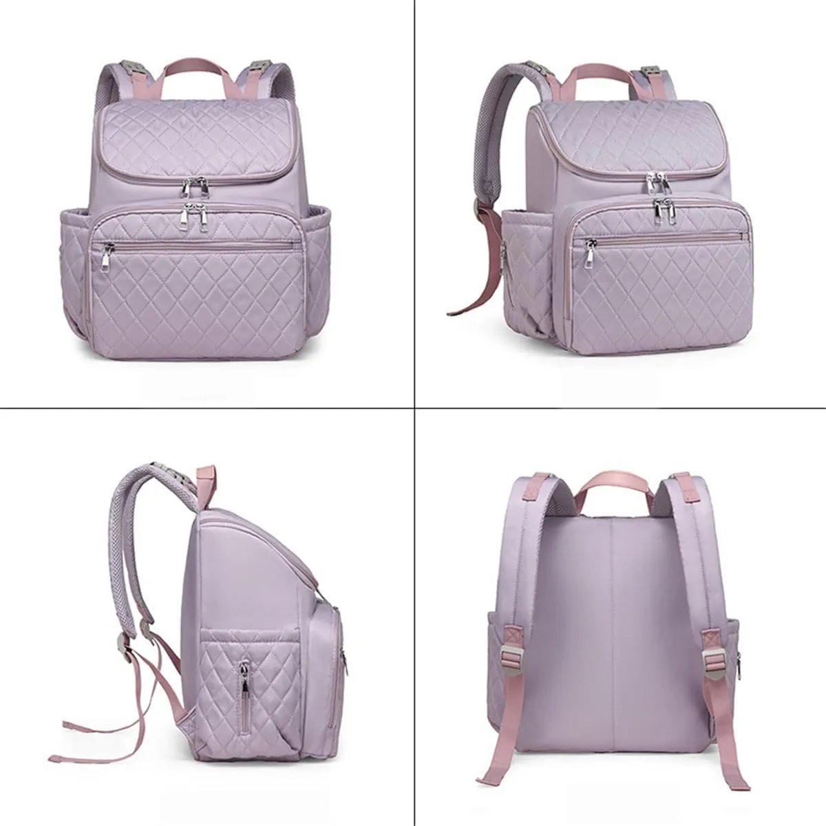 Quilted Diaper Bag Backpack Washable, Diaper Backpack with Changing Pad and Insulated Bottle Pocket (Gray)