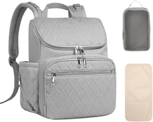 Quilted Diaper Bag Backpack Washable, Diaper Backpack with Changing Pad and Insulated Bottle Pocket (Gray)